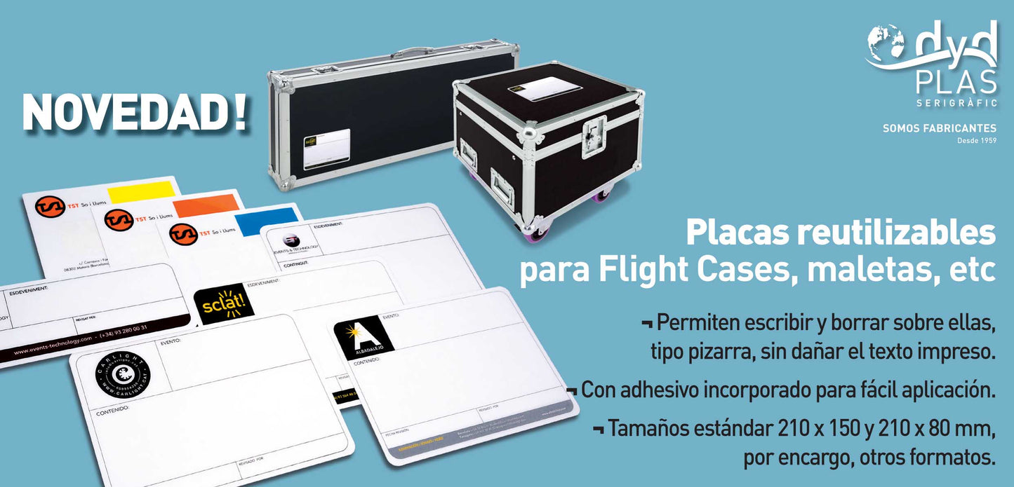 PLACAS / ETIQUETAS FLIGHT CASES PERSONALIZADAS TAMAÑO 210x150mm desde 2,19€/u.