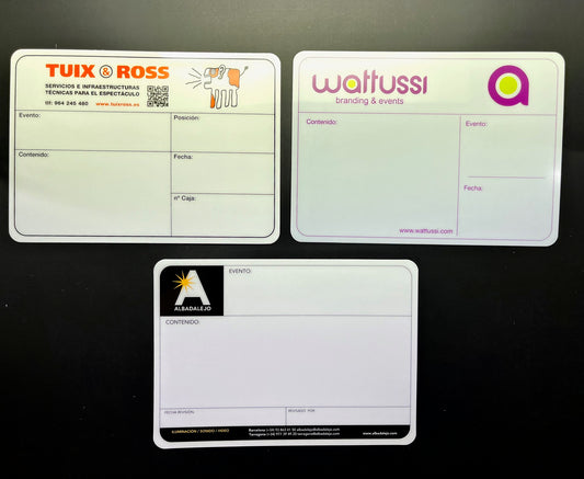 PLACAS / ETIQUETAS FLIGHT CASES PERSONALIZADAS TAMAÑO 210x150mm desde 2,19€/u.